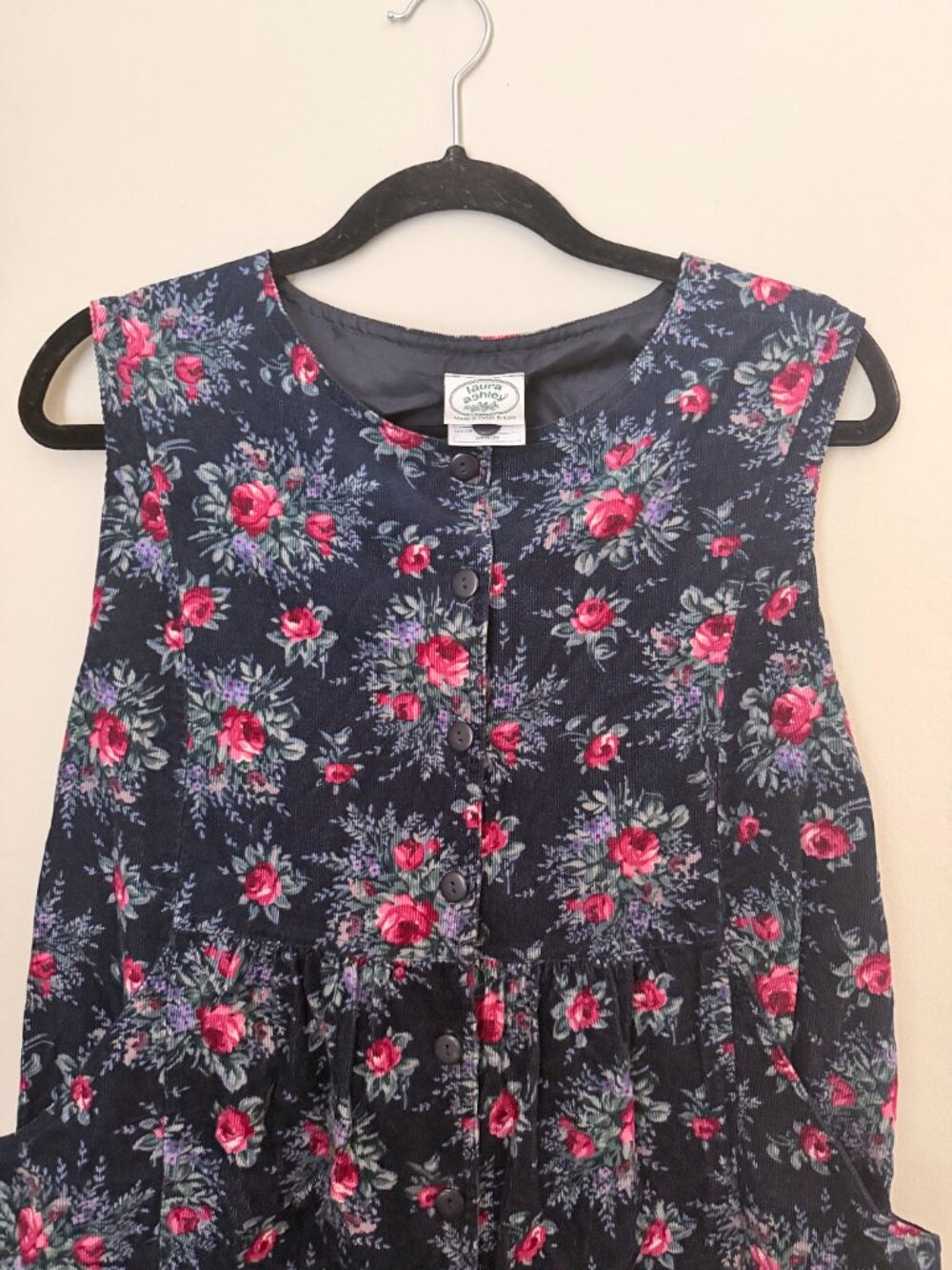 Vintage Jumpsuit - Corduroy 1980s Laura Ashley Floral Roses Print Jumper